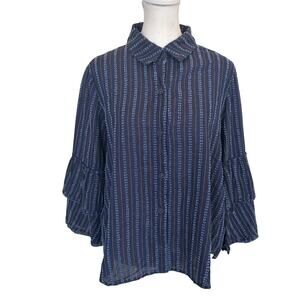 Maven West Navy Blue Pin Striped Bell Sleeve Button Down Shirt Womens Size Small